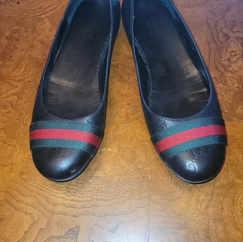 Gucci GG Logo Web Green Red Genuine leather Black Flat Loafers Shoes